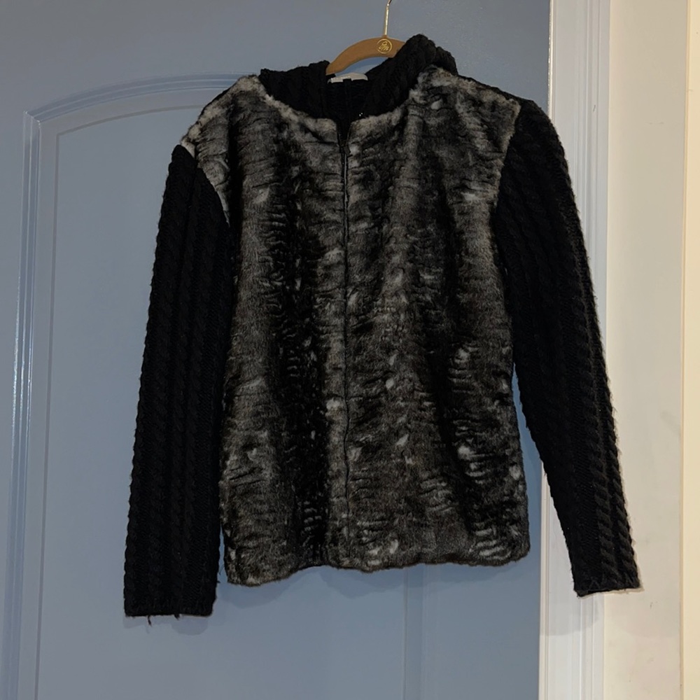 Ice zip up hoodie sweater fur black gray jacket  medium
